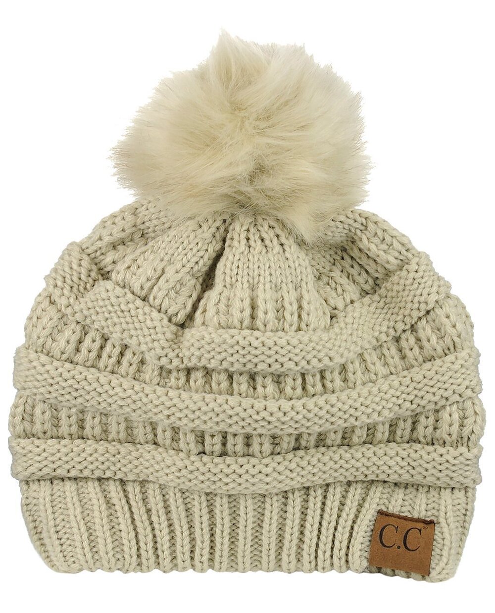 8360 Exclusive Soft Stretch Cable Knit Faux Fur Pom Pom Beanie Hat - Beige